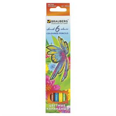 Карандаши цветные BRAUBERG "Wonderful butterfly", 6 цветов, заточенные, картонная упаковка с блестками, 180522 - фото 49842402