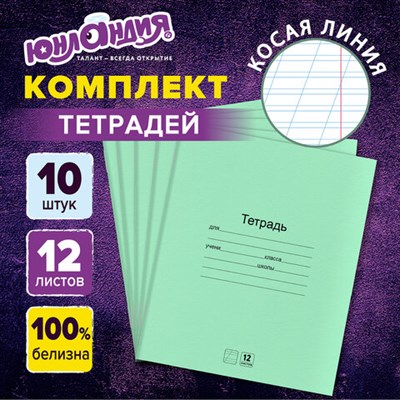 Тетради ДЭК 12 л. КОМПЛЕКТ 10 шт. с ЗЕЛЁНОЙ обложкой, ЮНЛАНДИЯ, косая линия, 106748 106748 - фото 49869893