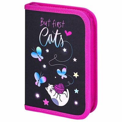Пенал BRAUBERG с наполнением, 1 отделение, 1 откидная планка, 24 предмета, 21х14 см, "Cats first", 271525 271525