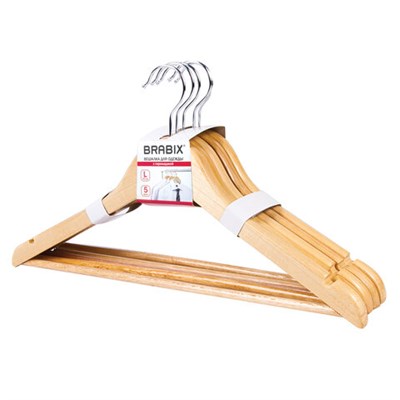 Вешалки-плечики, размер 48-50, КОМПЛЕКТ 5шт, деревянная, перекладина, цвет сосна, BRABIX "Стандарт", 601159 601159