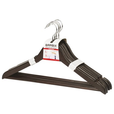Вешалки-плечики, размер 48-50, КОМПЛЕКТ 5 шт., дерево, перекладина, цвет шоколад, BRABIX "Стандарт", 601162 601162