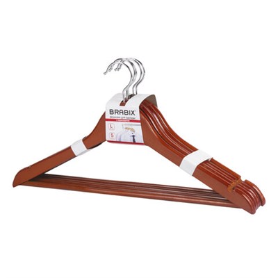 Вешалки-плечики, размер 48-50, КОМПЛЕКТ 5 шт., дерево, перекладина, цвет вишня, BRABIX "Стандарт", 601161 601161