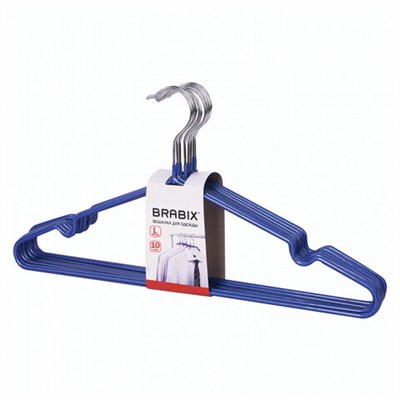 Вешалки-плечики, размер 48-50, КОМПЛЕКТ 10 шт., металл/ПВХ, перекладина, цвет синий, BRABIX "Стандарт", 601166 601166