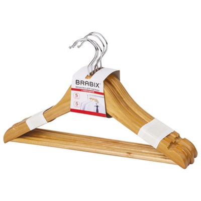 Вешалки-плечики, размер 36-40, МАЛЫЙ РАЗМЕР, КОМПЛЕКТ 5 шт., деревянные, перекладина, цвет сосна, BRABIX "Стандарт", 601160 601160