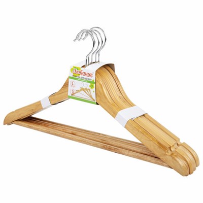 Вешалки-плечики, размер 48-50, КОМПЛЕКТ 5 шт., деревянная, перекладина, цвет сосна, ЛЮБАША Эконом, 604895 604895