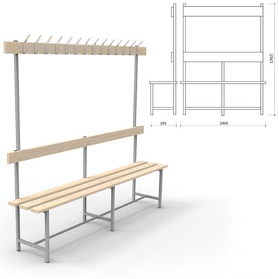 Скамья с вешалкой, спинкой "СВТ 6", 1765х2000х395 мм, 14 крючков, регулируемые опоры, каркас металлический серый, сиденье дерево 532536