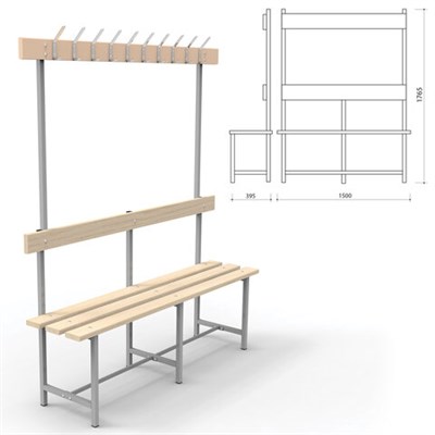 Скамья с вешалкой, спинкой "СВТ 5", 1765х1500х395 мм, 10 крючков, регулируемые опоры, каркас металлический серый, сиденье дерево 532535