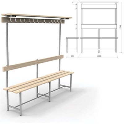 Скамья с вешалкой, спинкой и полкой "СВТ 9", 1760х2000х395 мм, 14 крючков, регулируемые опоры, каркас металлический серый, сиденье дерево 532539