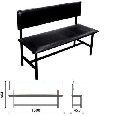Банкетка со спинкой "Берта" 1500х455х864 мм, усиленная, черный каркас, кожзам черный 531265
