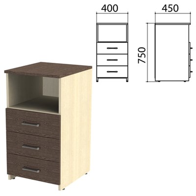 Тумба приставная "Канц", 400х450х750 мм, 3 ящика, полка, цвет дуб молочный/венге (КОМПЛЕКТ) 980518