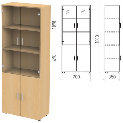 Шкаф закрытый со стеклом "Канц", 700х350х1830 мм, цвет бук невский (КОМПЛЕКТ) 980011