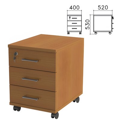 Тумба подкатная "Монолит", 400х520х530 мм, 3 ящика, замок, цвет орех гварнери, ТМ25.3 640139