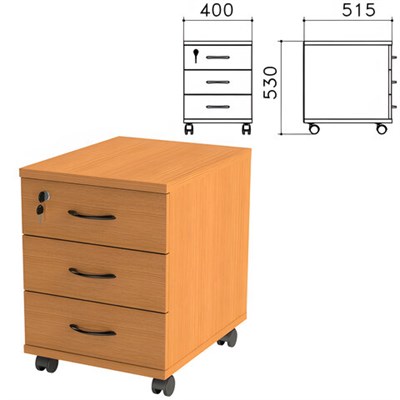 Тумба подкатная "Фея", 400х515х530 мм, 3 ящика, замок, цвет орех милан, ТФ07.5 640018