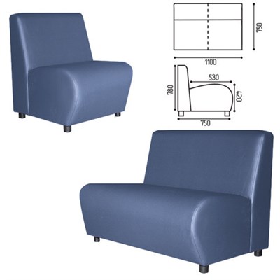 Диван мягкий двухместный "Клауд", V-600, 1100х750х780 мм, без подлокотников, экокожа, голубой 531551