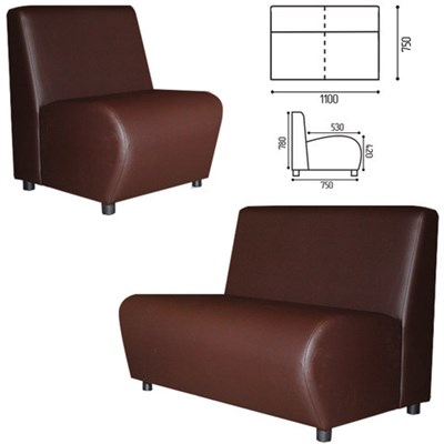 Диван мягкий двухместный "Клауд", "V-600", 1100х750х780 мм, без подлокотников, экокожа, коричневый 531128