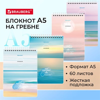 Блокнот А5 (146х206 мм), 60 л., гребень, картон, жесткая подложка, клетка, BRAUBERG, "Ocean", 114370 114370