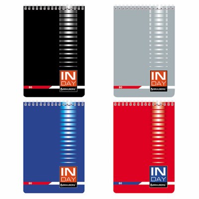 Блокнот А5 146х205 мм, 80 л., гребень, мелованная картонная обложка, клетка, BRAUBERG, "INDAY", ассорти, 121723 121723