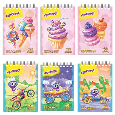 Блокнот МАЛЫЙ ФОРМАТ А7 75х105 мм, 40 л., гребень, картон, клетка, ЮНЛАНДИЯ, "Юнландик" / "Сладости", 129858 129858