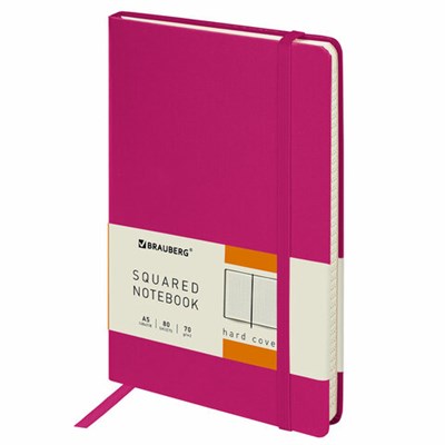 Блокнот А5 (148x218 мм), BRAUBERG "Metropolis", балакрон, 80 л., резинка, клетка, фуксия, 111587 111587