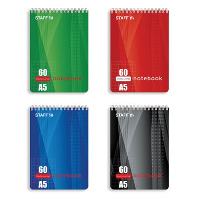 Блокнот А5 146х205 мм, 60 л., гребень, жесткая подложка, клетка, STAFF, 4 вида, 126539 126539