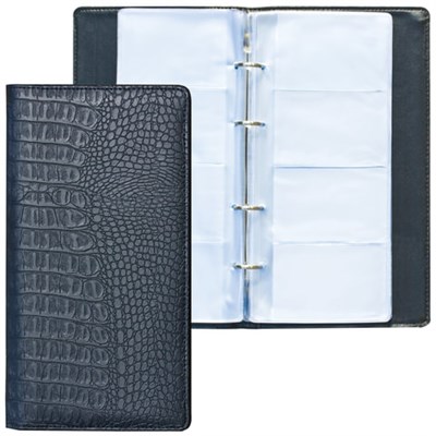 Визитница на кольцах BRAUBERG "Cayman", на 240 визиток, под кожу крокодила, черная, 231763 231763