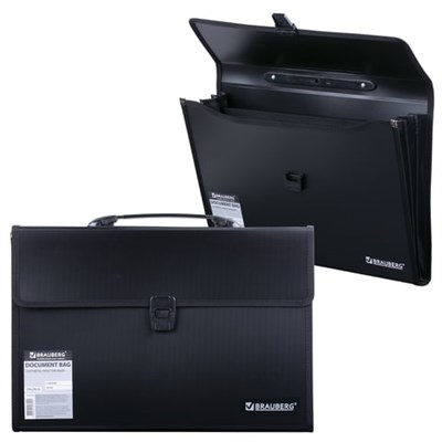 Папка-портфель пластиковая BRAUBERG А4+ (390х260х40 мм), 3 отделения, фактура линейная, черная, 221389 221389