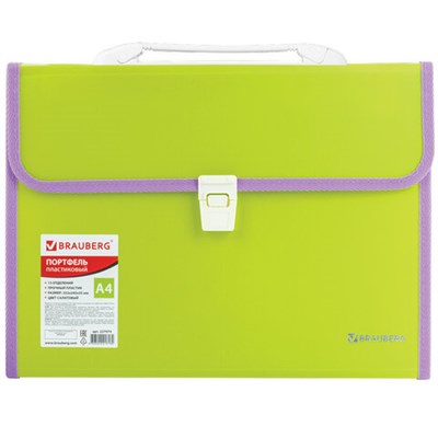 Папка-портфель пластиковая BRAUBERG "JOY", А4 (330х245х35 мм), 13 отделений, с окантовкой, салатовая, 227974 227974