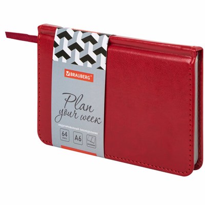 Еженедельник недатированный МАЛЫЙ ФОРМАТ 95х155 мм А6 BRAUBERG "Rainbow", под кожу, 64 л., красный, 114484 114484