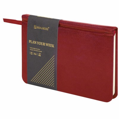 Еженедельник недатированный МАЛЫЙ ФОРМАТ 95х155 мм, А6, BRAUBERG "Iguana", под кожу, 64 л., красный, 114481 114481