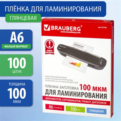 Пленки-заготовки для ламинирования МАЛОГО ФОРМАТА, А6, КОМПЛЕКТ 100 шт., 100 мкм, BRAUBERG, 531785 531785