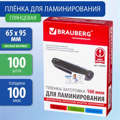 Пленки-заготовки для ламинирования МАЛОГО ФОРМАТА (65х95 мм), КОМПЛЕКТ 100 шт., 100 мкм, BRAUBERG, 530903 530903