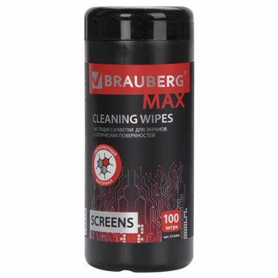 Салфетки для экранов всех типов и оптики BRAUBERG MAX ПЛОТНЫЕ, туба 100 шт., влажные, 513284 513284