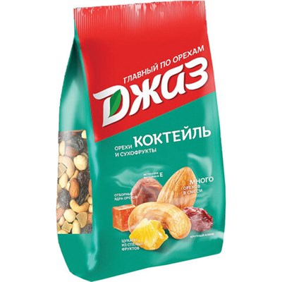Орехи и сухофрукты ДЖАЗ "Коктейль", фундук, кешью, миндаль, папайя, ананас, изюм, 300 г, 76 620161