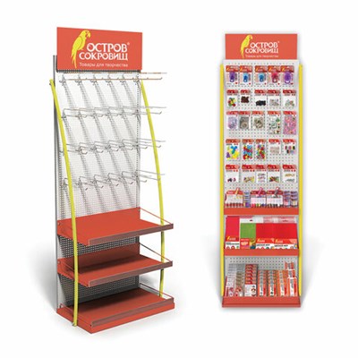 Стойка для размещения товара напольная ОСТРОВ СОКРОВИЩ, 2050x600x500 мм, 25 крючков, 3 полки, металл, 504877 504877