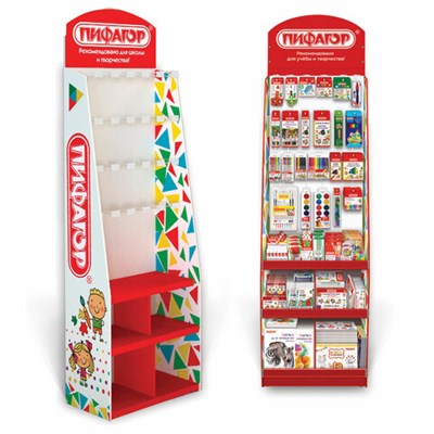 Стойка для размещения товара напольная ПИФАГОР, 200х60х40 см, 3 полки, 25 крючков, картон, 503692 503692