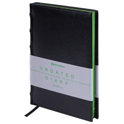 Ежедневник недатированный А5 138х213 мм BRAUBERG "FLAME", под кожу, 160 л., черный, зеленый срез, 113428 113428