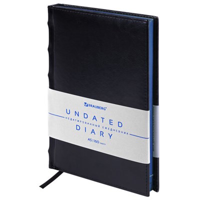 Ежедневник недатированный А5 138х213 мм BRAUBERG "FLAME", под кожу, 160 л., черный, синий срез, 113427 113427