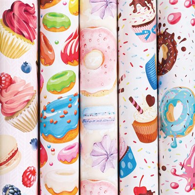 Бумага упаковочная мелованная "Sweets", 70x100 см, 5 дизайнов ассорти, ЗОЛОТАЯ СКАЗКА, 591596 591596
