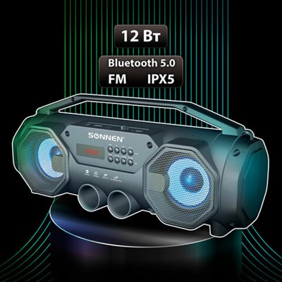 Колонка портативная с подсветкой SONNEN B306, 12 Вт, Bluetooth, FM-тюнер, microSD, MP3-плеер, черная, 513479 513479