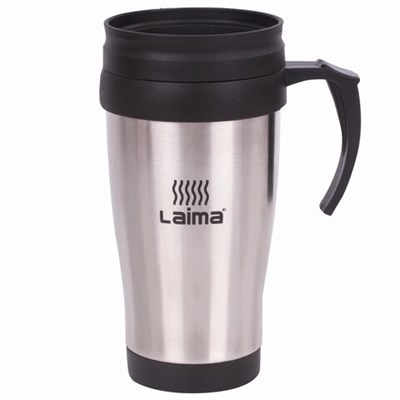 Автокружка 400 мл, термостакан с ручкой, винтовая крышка-клапан, пластик/сталь, серебро, LAIMA, 605126 605126