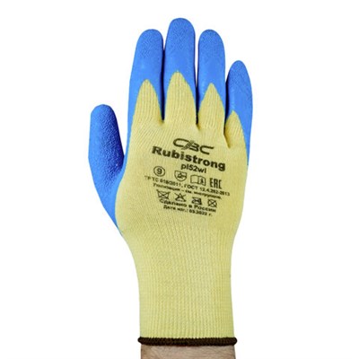 Перчатки полиэфирные РУБИСТРОНГ супер прочные, 1 пара, 13 класс, 85-90 г, размер 9, покрытие - облив ЛАТЕКСНОЕ, высокоизносостойкие, СВС, pl52wl беж/син 608687