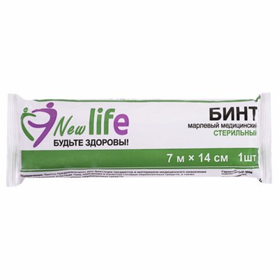 Бинт марлевый стерильный NEW LIFE 7 м х 14 см, плотность 36 (±2) г/м2, индивидуальная упаковка, 215991 630544