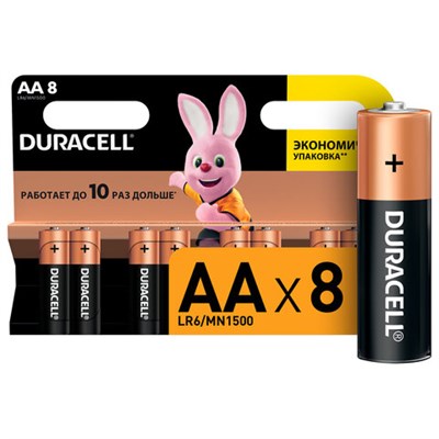 Батарейки КОМПЛЕКТ 8 шт., DURACELL Basic ОРИГИНАЛ, AA (LR6, 15А), алкалиновые, пальчиковые, C0033441 450431