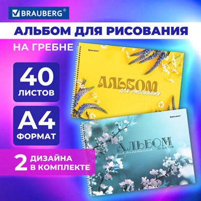 Альбомы для рисования ДЭК А4, 40 л., КОМПЛЕКТ 2 шт., гребень, обложка картон, BRAUBERG, 205х290 мм, "Соцветие", 106737 106737