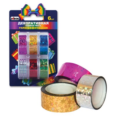 Клейкие ленты 15 мм х 5 м, декоративные голографические, UNIBOB, комплект 6 шт., ассорти, 51717 224046