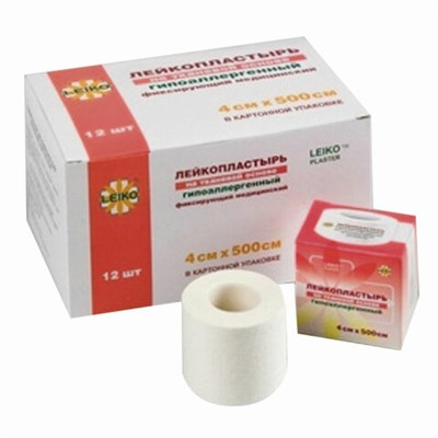 Лейкопластырь медицинский фиксирующий в рулоне LEIKO комплект 12 шт., 4х500 см, на тканевой основе, белого цвета, госпитальная упаковка, 531239 630264