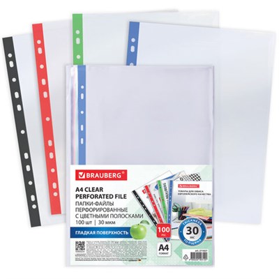 Папки-файлы перфорированные с цветными полосками А4 BRAUBERG, КОМПЛЕКТ 100 шт., гладкие, 30 мкм, 271827 271827
