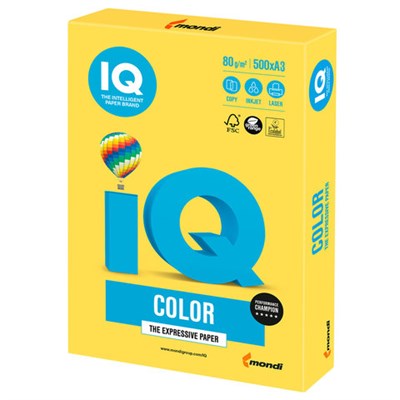 Бумага цветная IQ color БОЛЬШОЙ ФОРМАТ (297х420 мм), А3, 80 г/м2, 500 л., интенсив канареечно-желтая, CY39 110682