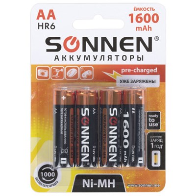 Батарейки аккумуляторные Ni-Mh пальчиковые КОМПЛЕКТ 4 шт., АА (HR6) 1600 mAh, SONNEN, 455605 455605