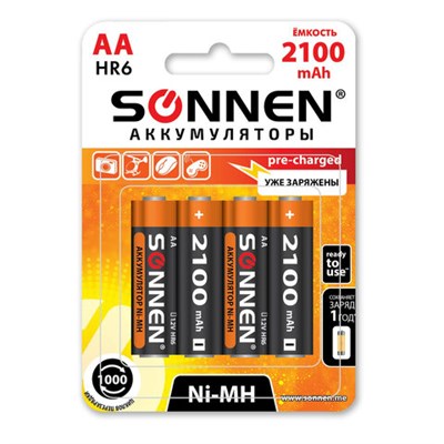 Батарейки аккумуляторные Ni-Mh пальчиковые КОМПЛЕКТ 4 шт., АА (HR6) 2100 mAh, SONNEN, 455606 455606